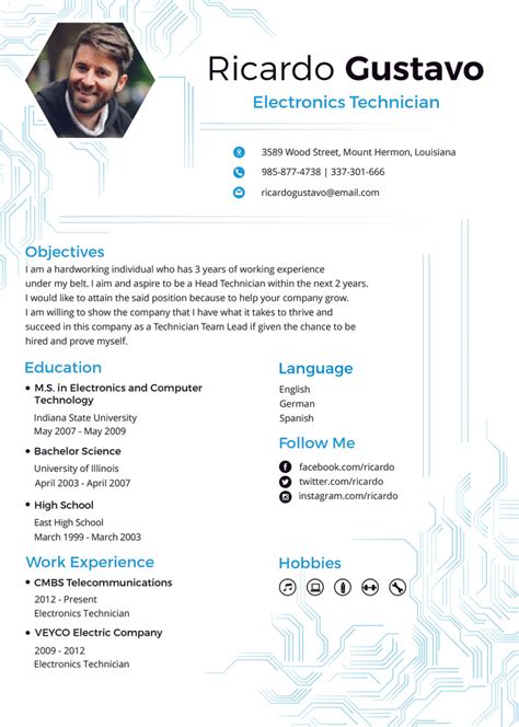 electronic technician resume template|How To Write an Electronics Resume (With Template and Example).